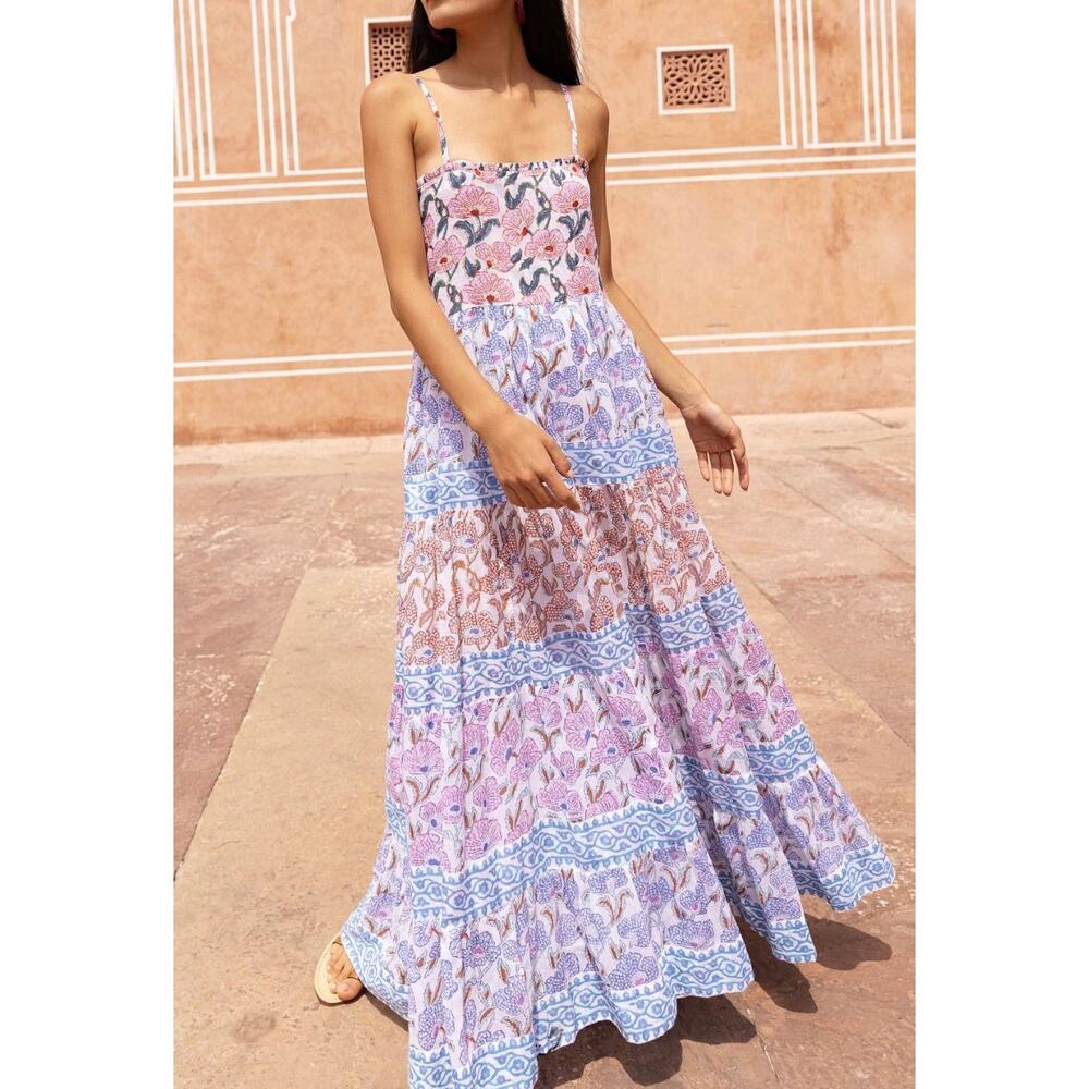 OLIPHANT Tuckernuck Smocked Back Maxi Dress Lucia Blue Multi Block Print S - Picture 3 of 10
